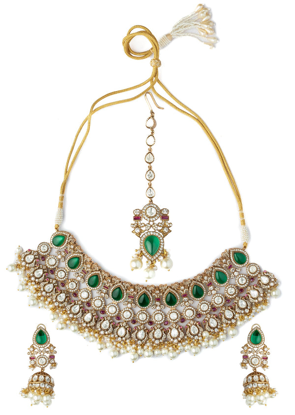 Gold Plated Green Kundan Polki Necklace Set With Earrings And Maangtikka