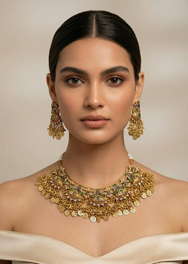 Gold Plated Green Synthetic Stone Choker Necklace Earring Set With Coin Motif