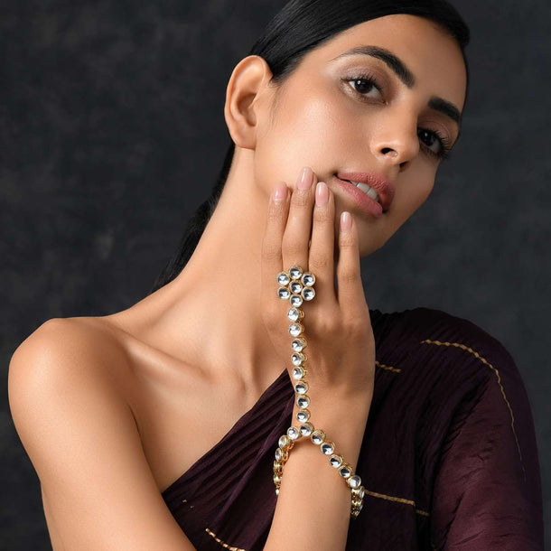 Gold Plated Hand Harness With Beautifully Handcrafted Floral Design Adorned In Kundan Work By Paisley Pop