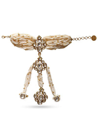 Gold Plated Hand Harness With Strings Of Pearls, Gold Beads And Kundan Work By Prerto