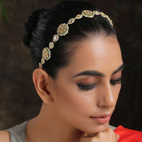 Gold Plated Headband With Uncut Polki Arranged In Floral Motifs Along With Moti Detailing On The Edges By Paisley Pop