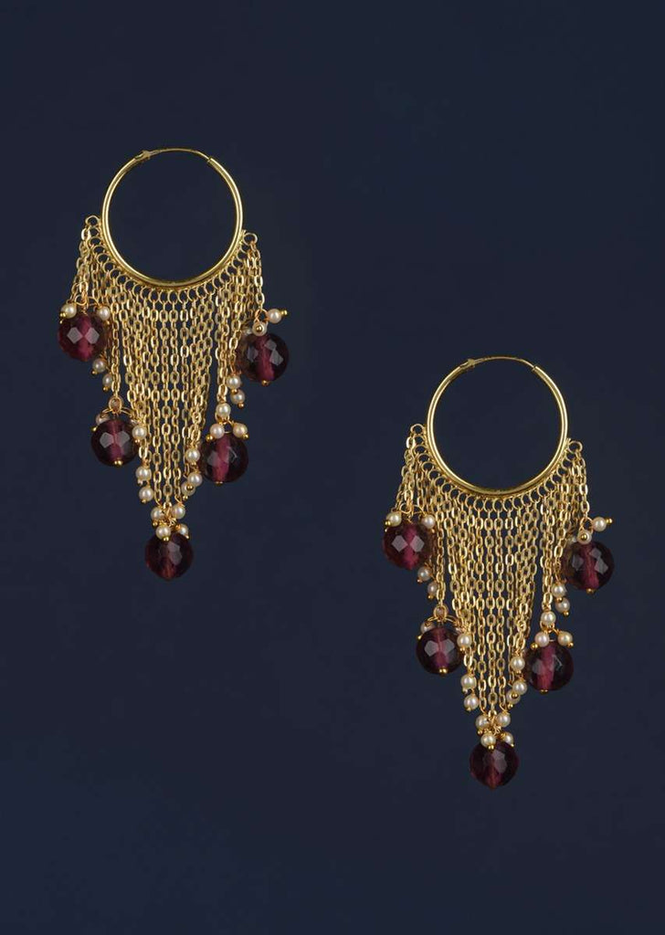 Gold Plated Hoops With Chain Fringes Embellished With Pearls And Purple Beads Online - Kalki Fashion Online - Kalki Fashion