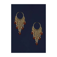 Gold Plated Hoops With Chain Fringes Embellished With Pearls And Red Beads Online - Kalki Fashion Online - Kalki Fashion