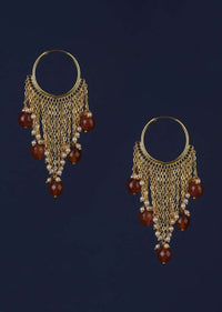 Gold Plated Hoops With Chain Fringes Embellished With Pearls And Red Beads Online - Kalki Fashion Online - Kalki Fashion