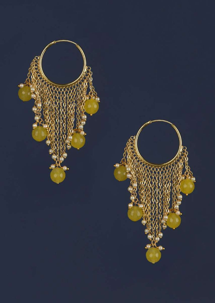 Gold Plated Hoops With Chain Fringes Embellished With Pearls And Yellow Beads Online - Kalki Fashion