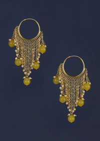 Gold Plated Hoops With Chain Fringes Embellished With Pearls And Yellow Beads Online - Kalki Fashion