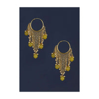 Gold Plated Hoops With Chain Fringes Embellished With Pearls And Yellow Beads Online - Kalki Fashion