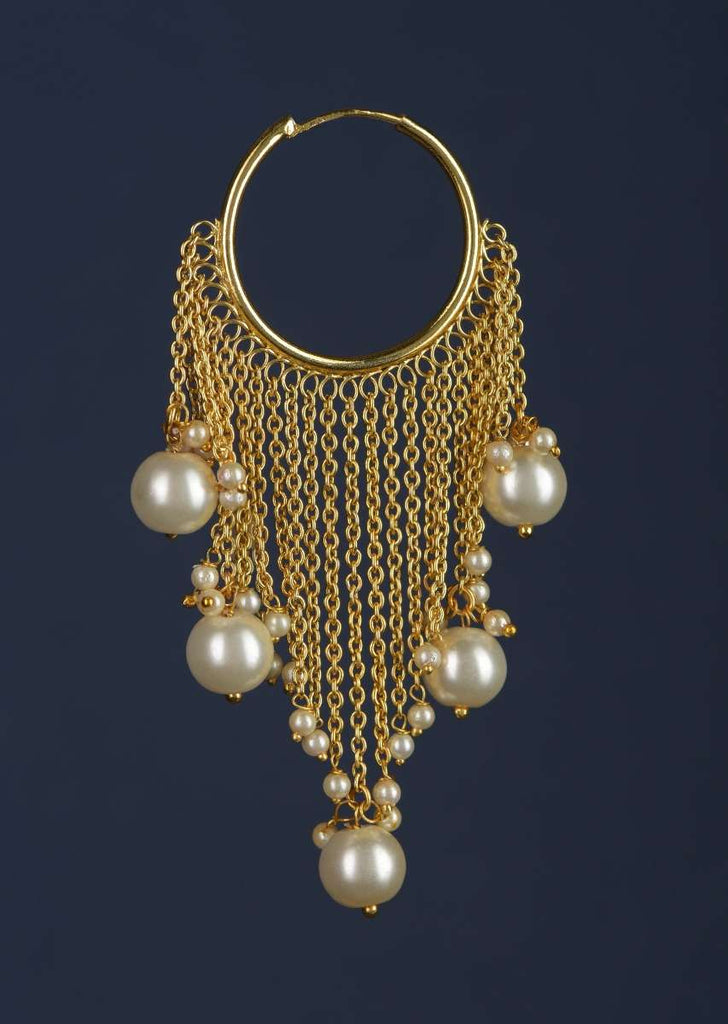 Gold Plated Hoops With Chain Fringes Embellished With Pearls Online - Kalki Fashion