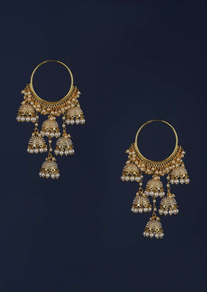 Gold Plated Hoops With Dangling Six Jhumkas And Pearls Online - Kalki Fashion Online - Kalki Fashion