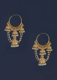 Gold Plated Hoops With Dangling  Jhumkas, Pearls And Chain Online - Kalki Fashion