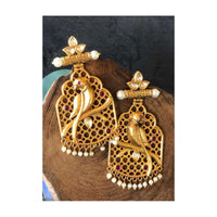 Gold Plated Jaali Earrings In Parrot Design With Kundan And Dangling Pearls Online - By Kripa Pranay