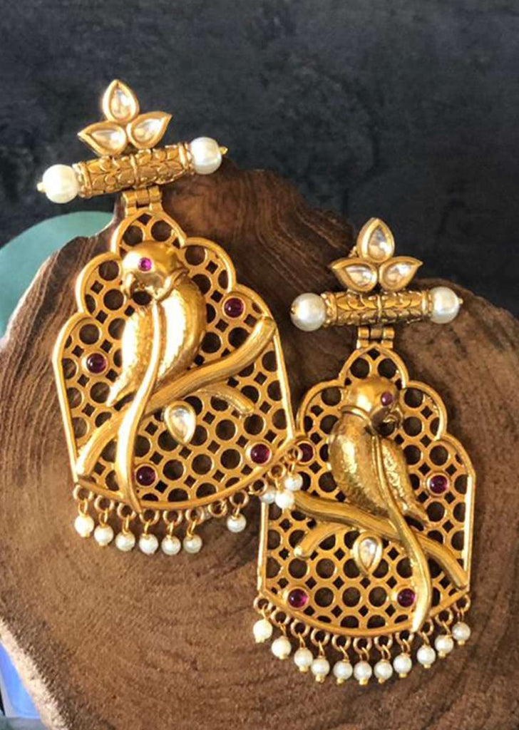 Gold Plated Jaali Earrings In Parrot Design With Kundan And Dangling Pearls Online - By Kripa Pranay