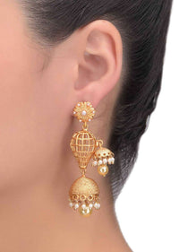 Gold Plated Jhumka Earrings With Pearls And Caged Design Online - Kalki Fashion