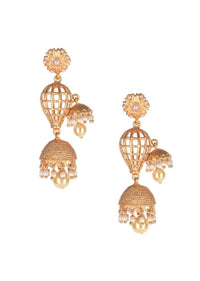 Gold Plated Jhumka Earrings With Pearls And Caged Design Online - Kalki Fashion