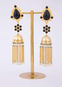 Gold plated jhumkas earring dangler with sleek metal tassels only on Kalki