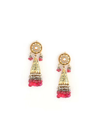 Gold Plated Jhumkas With Carved Grey Enamelling And Kundan Work Along With Dangling Grey And Pink Drops