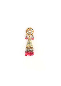 Gold Plated Jhumkas With Carved Grey Enamelling And Kundan Work Along With Dangling Grey And Pink Drops