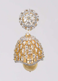 Gold Plated Jhumkas With Crystals And Stones In A Wavy Edge Pattern With Dangling Pearl Online - Kalki Fashion