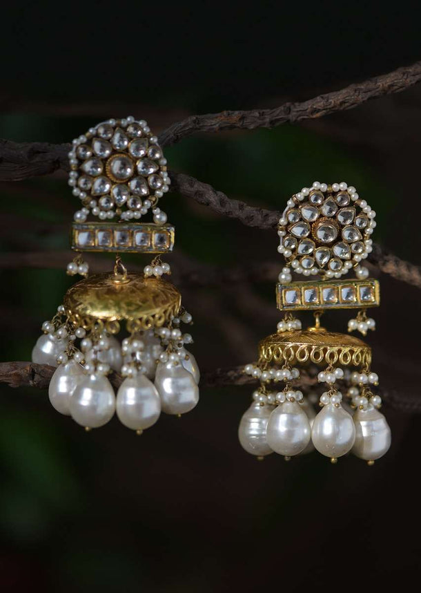 Gold Plated Jhumkas With Kundan Adorned Floral Motif And Dangling Pearls