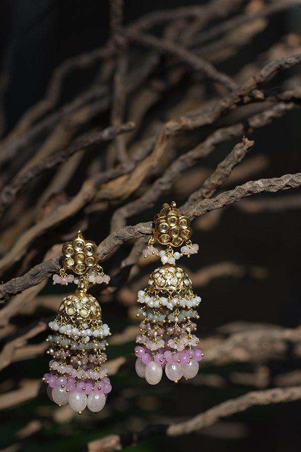 Gold Plated Jhumkas With Kundan Studded Floral Motif And Pink Bead Fringes