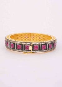 Gold plated kada with black stone and fuchsia beads only on Kalki