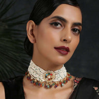 Gold Plated Kundan Choker Necklace With Moti Strands And Dangling Multicolored Beads By Paisley Pop