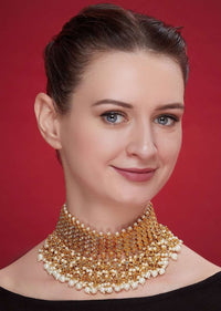 Gold Plated Kundan Choker Necklace With Pearl Highlights Online - Kalki Fashion