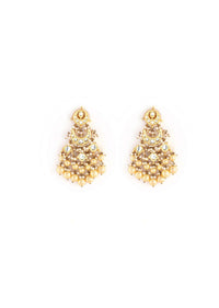 Gold Plated Kundan Earrings In Crescent Motifs With Dangling Yellow And White Pearl Fringes