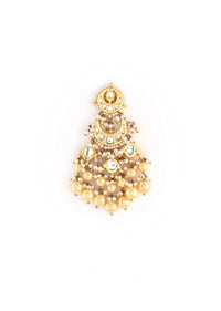 Gold Plated Kundan Earrings In Crescent Motifs With Dangling Yellow And White Pearl Fringes