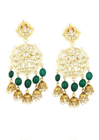 Gold Plated Kundan Earrings In Floral Round Design With Green Beads, Pearls And Nano Jhumkas Online - Kalki Fashion