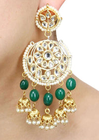 Gold Plated Kundan Earrings In Floral Round Design With Green Beads, Pearls And Nano Jhumkas Online - Kalki Fashion