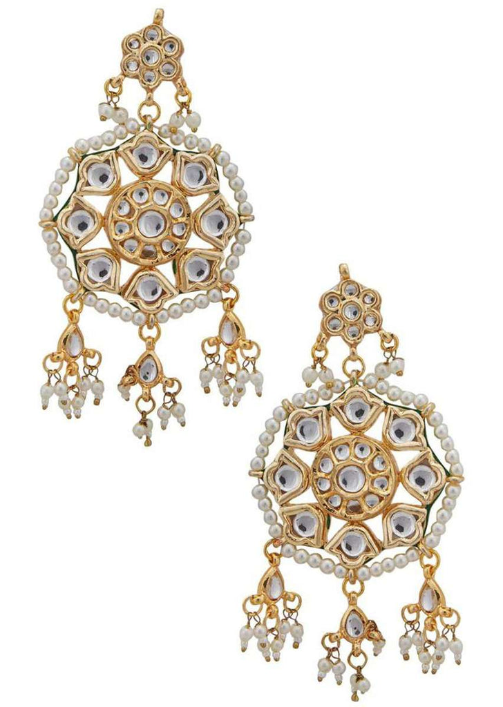 Gold Plated Kundan Earrings In Flower Shape With Moti And Minakari Online - Kalki Fashion