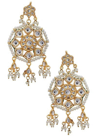 Gold Plated Kundan Earrings In Flower Shape With Moti And Minakari Online - Kalki Fashion