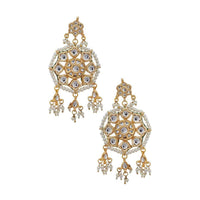 Gold Plated Kundan Earrings In Flower Shape With Moti And Minakari Online - Kalki Fashion