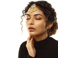 Gold Plated Kundan Mang Tika In Crescent Motifs With Dangling Yellow And White Pearl Fringes