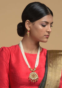 Gold Plated Kundan Necklace And Earrings Set With Pink Stone Studded Floral Motif And Strings Of White Beads Online - Kalki Fashion