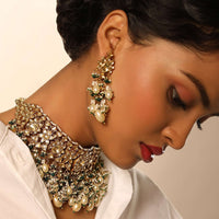 Gold Plated Kundan Necklace And Earrings Set In Floral Motifs Featuring White And Green Bead Fringes With Pearl Drops