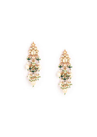 Gold Plated Kundan Necklace And Earrings Set In Floral Motifs Featuring White And Green Bead Fringes With Pearl Drops