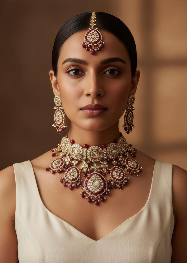 Gold Plated Kundan Polki Choker Necklace Set With Earrings And Maangtikka