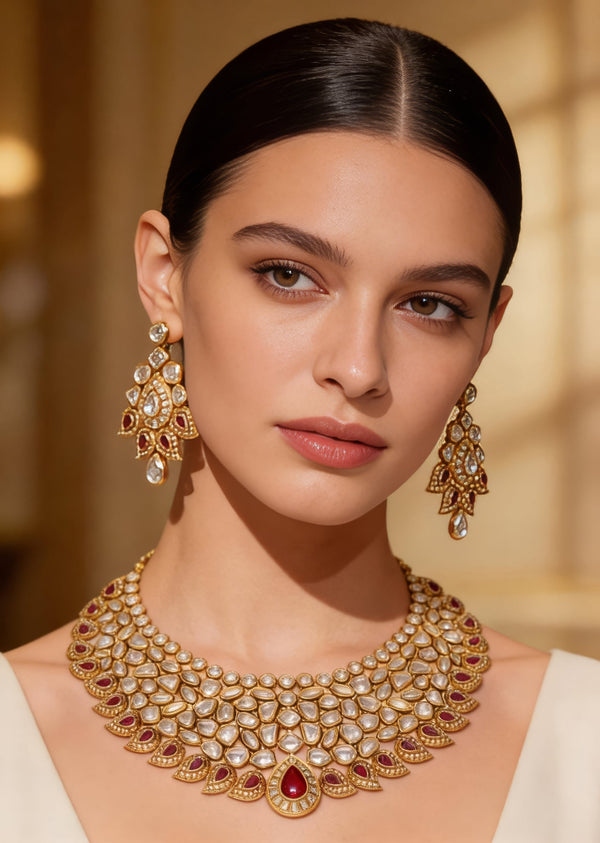 Gold Plated Kundan Polki Necklace With Earrings