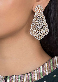 Gold Plated Long Ethnic Earrings Studded With Faux Diamonds By Aster