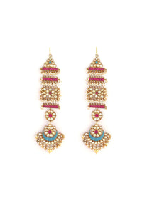 Gold Plated Long Kundan Danglers Studded With Pink And Blue Semi Precious Stones In Floral Motifs Along With Moti And Gold Beads