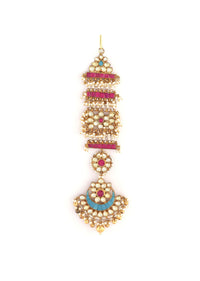 Gold Plated Long Kundan Danglers Studded With Pink And Blue Semi Precious Stones In Floral Motifs Along With Moti And Gold Beads