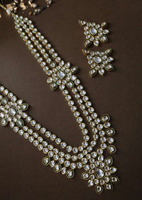 Gold Plated Long Necklace And Earrings Set Encrusted With Kundan In A Flawless Multi Layered Design By Paisley Pop