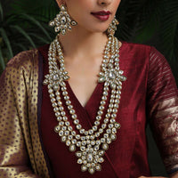 Gold Plated Long Necklace And Earrings Set Encrusted With Kundan In A Flawless Multi Layered Design By Paisley Pop