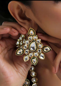 Gold Plated Long Necklace And Earrings Set Encrusted With Kundan In A Flawless Multi Layered Design By Paisley Pop