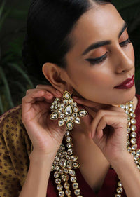 Gold Plated Long Necklace And Earrings Set Encrusted With Kundan In A Flawless Multi Layered Design By Paisley Pop