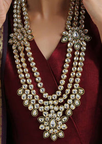 Gold Plated Long Necklace And Earrings Set Encrusted With Kundan In A Flawless Multi Layered Design By Paisley Pop