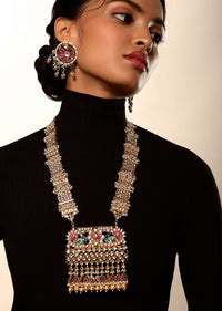 Gold Plated Long Necklace And Earrings Set With Kundan And Multi Colored Stone Embellished Peacock Motif