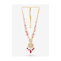 Gold Plated Long Necklace With Kundan Centre Piece, Dangling Red Beads And Pearl Strings By Prerto